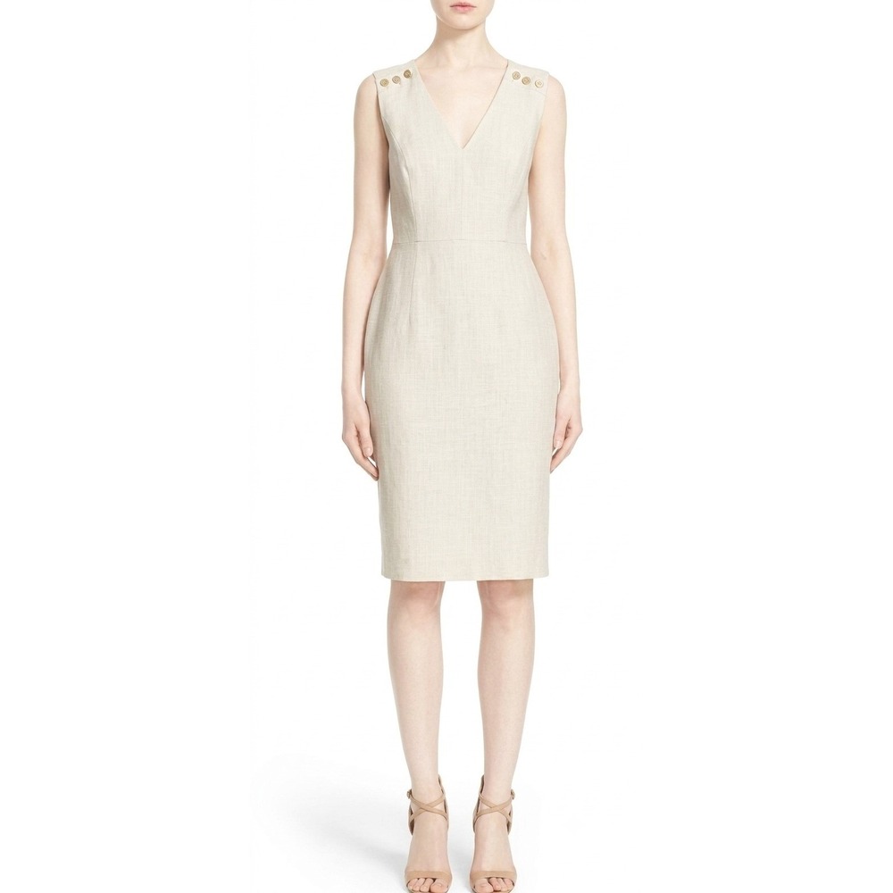 Max Mara Nautical Button Linen Sheath Dress Beige Tan V-Neck Italy 4 NWT‎